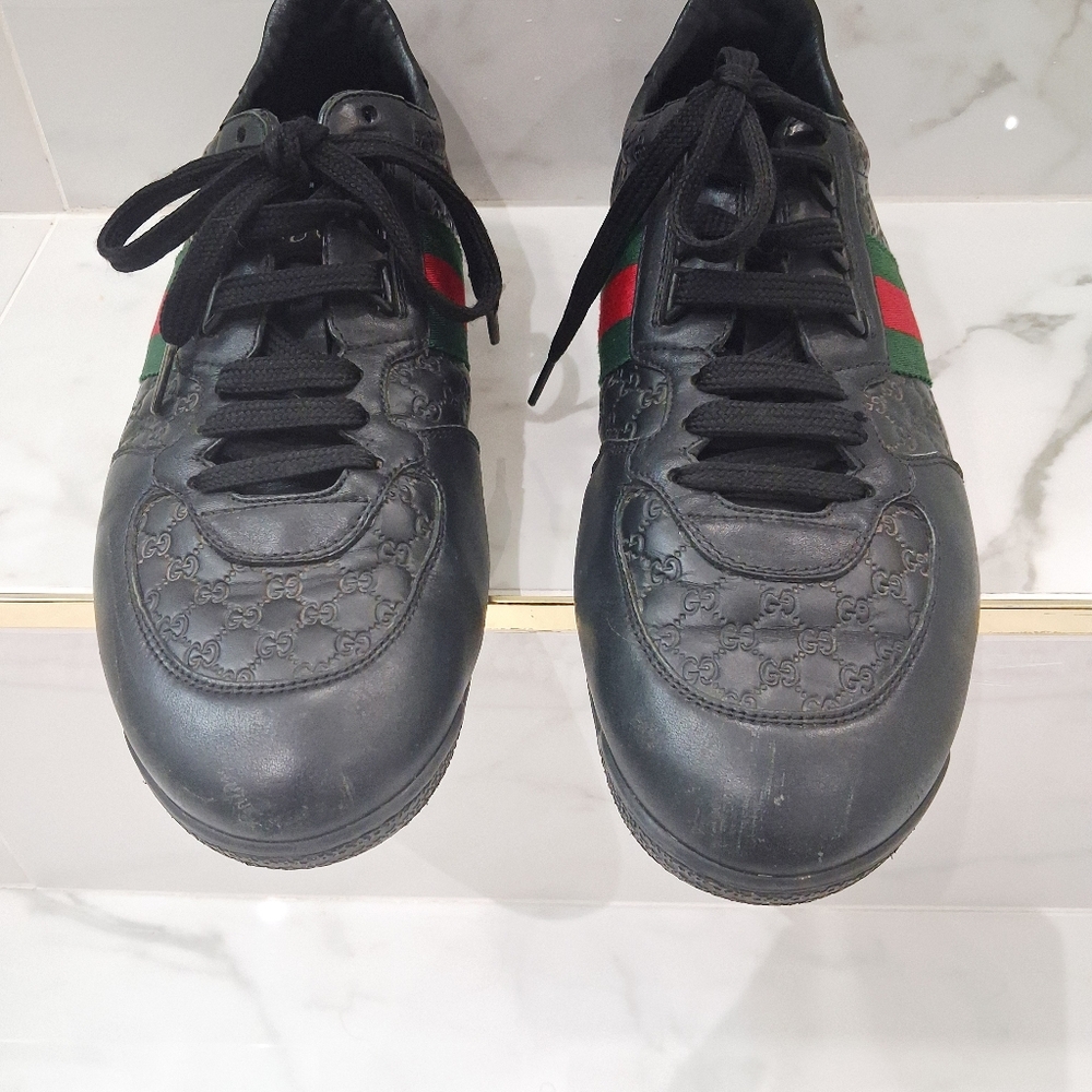 Gucci Black Leather Sneaker with Green and Red Web - Picture 5 of 9